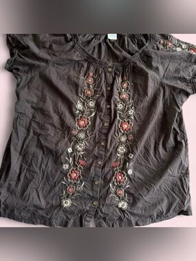 Sonoma Dark Brown Button-Front Top with Pink & Cream Floral Embroidery